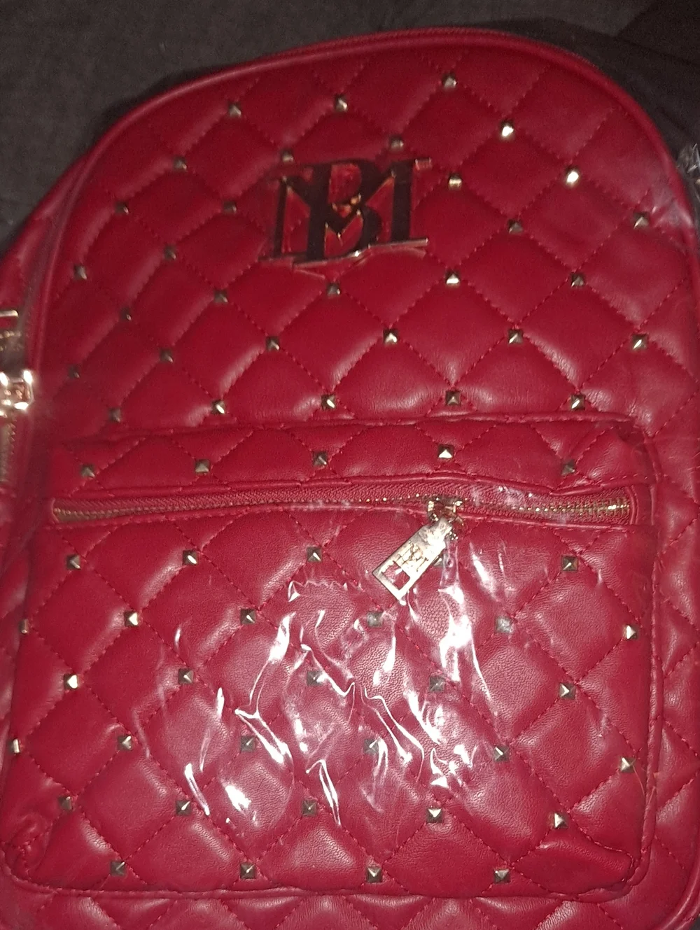 Badgley Mischka quilted vegan leather backpack featuring gold studded accents